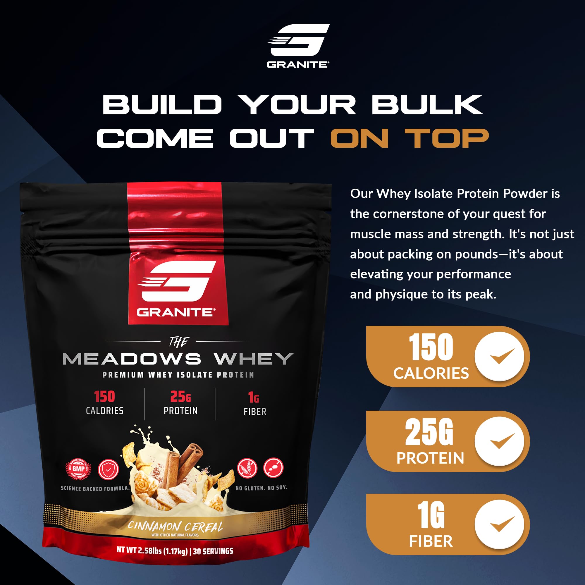 Granite Supplements The Meadows Whey Protein Isolate Protein Powder for Lean Muscle with 150 Calories, 2g Fiber, 1g Sugar (30 Servings), Cinnamon Cereal Flavor