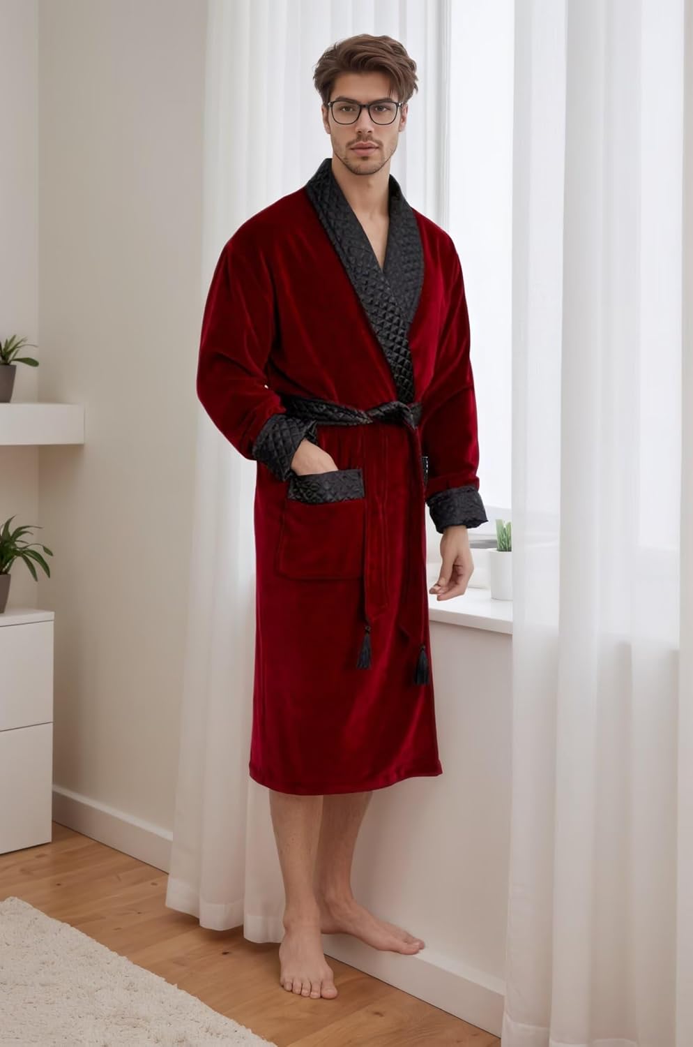 Velvet Mens Smoking Jacket with Belt Double Breasted Cigar Robe Regular Fit Long Blazer for Men Dinner Party