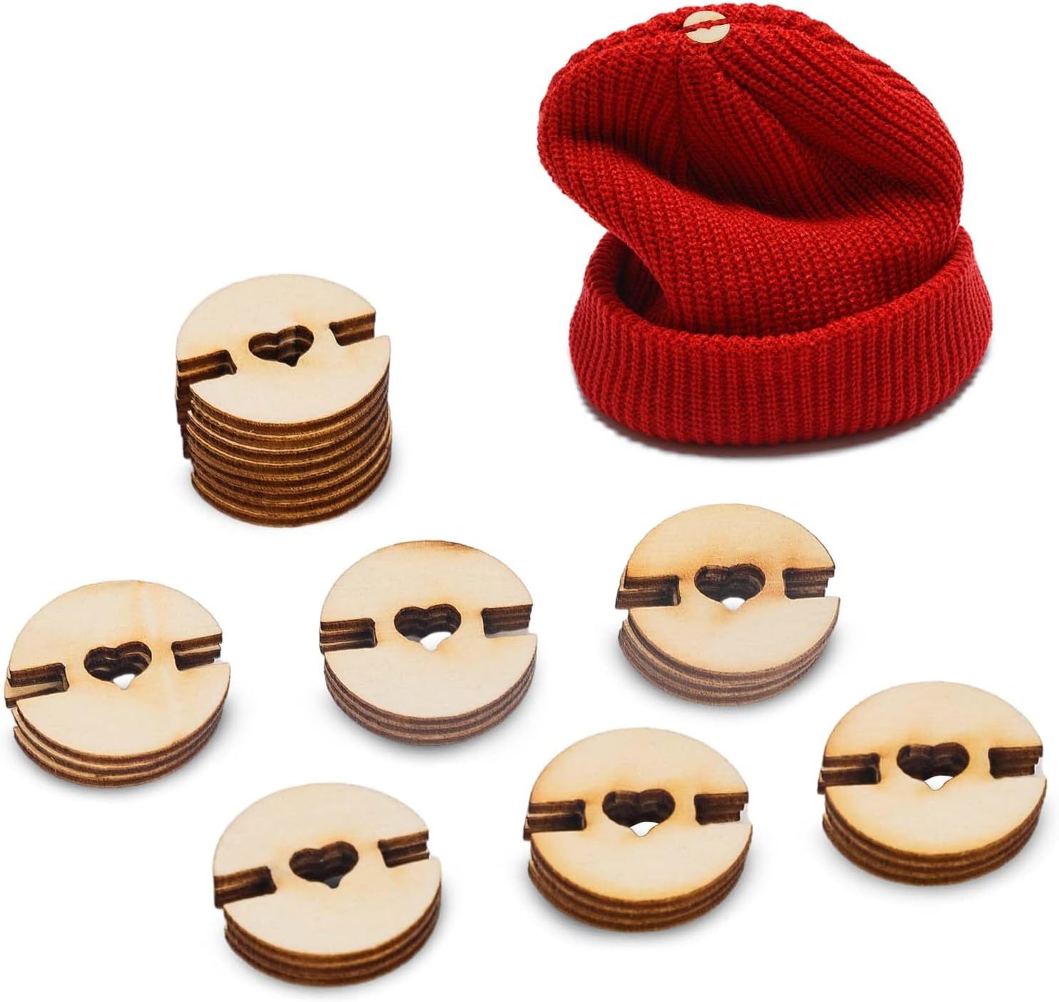 50pcs Pom Poms Buttons for Hats, 20mm Wooden Handmade Buttons Removable Love Button Faux Fur Pom Pom Holder Keepers Fastener for Knitting Beanies Caps DIY Craft Decoration