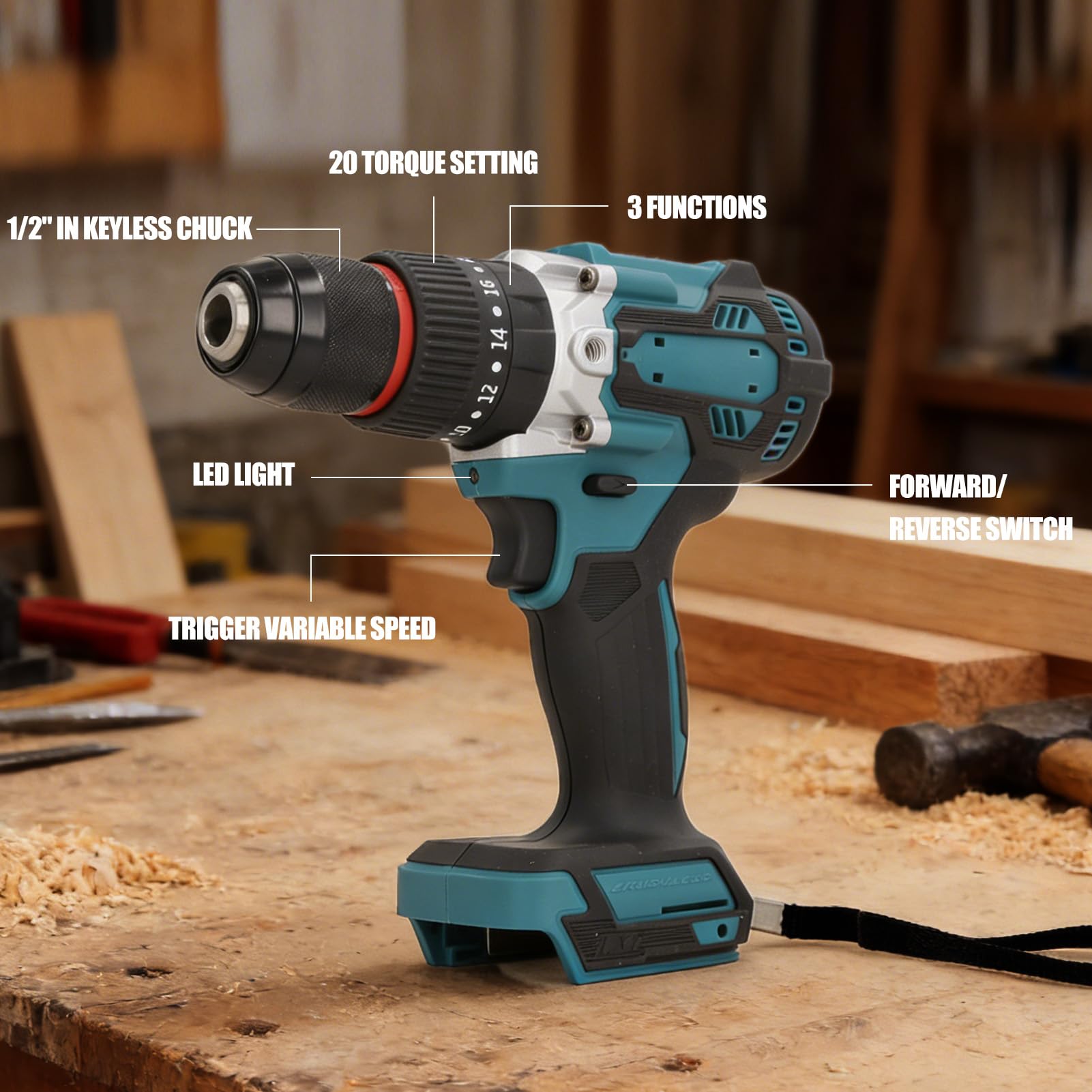 Taladro Inalámbrico para Batería Makit de 18 V, par Potente Máximo de 140 Nm, 3 Configuraciones de Torsión y 2 Velocidades Variables, 0-450 R/min, 0-1800 R/min, para Bricolaje y