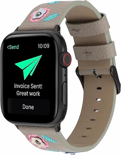Miniatura 2 de Pulsera de cuero de flores compatible con Apple Watch Band para mujer, linda y colorida floral bohemia con bordados, pulseras de repuesto para