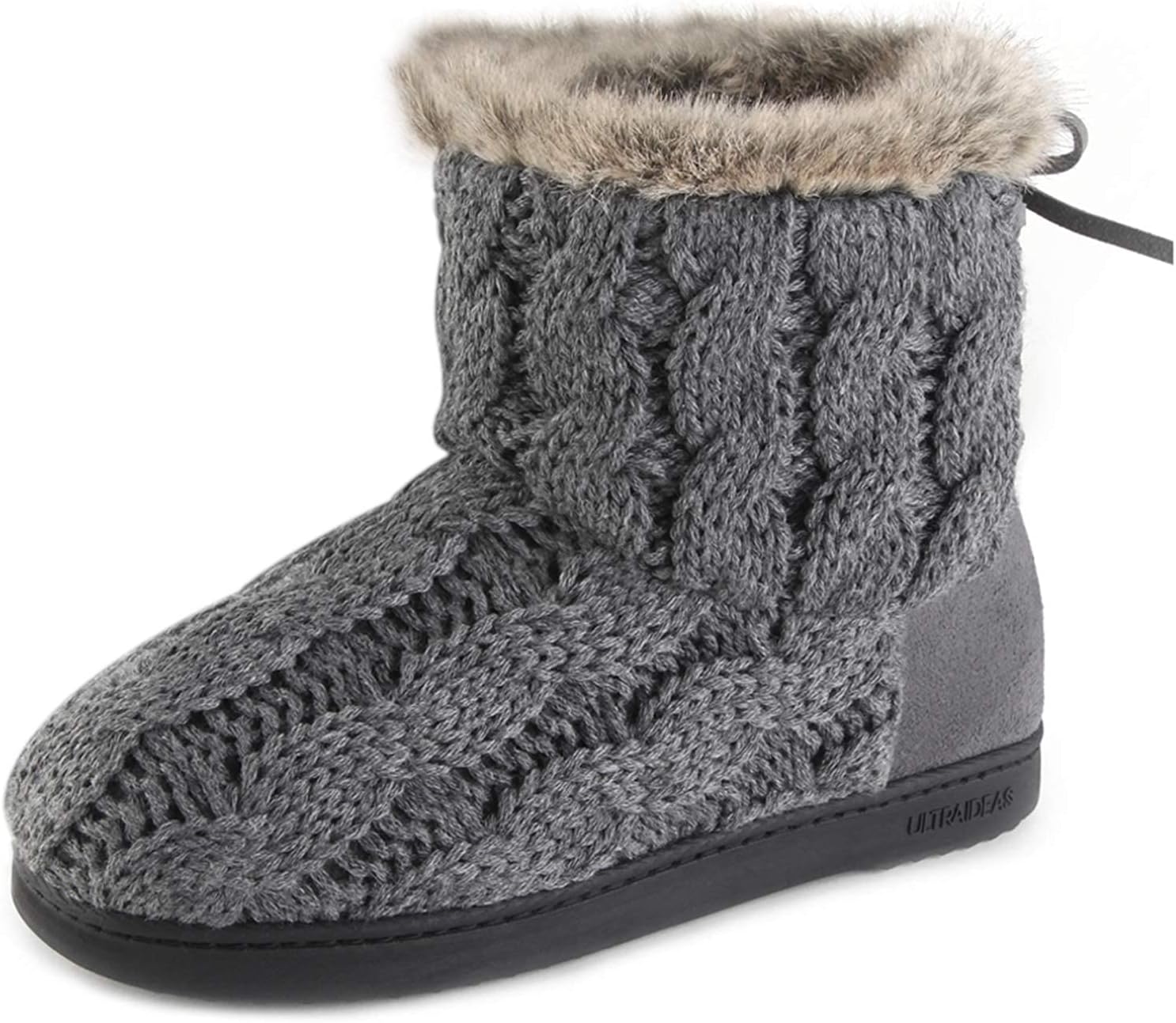 ULTRAIDEAS Women's Soft Yarn Cable Knit Bootie Slippers Memory Foam Indoor & Outdoor Shoes w/Adjustable Suede Lace, Dark Gray, 9 B(M) US