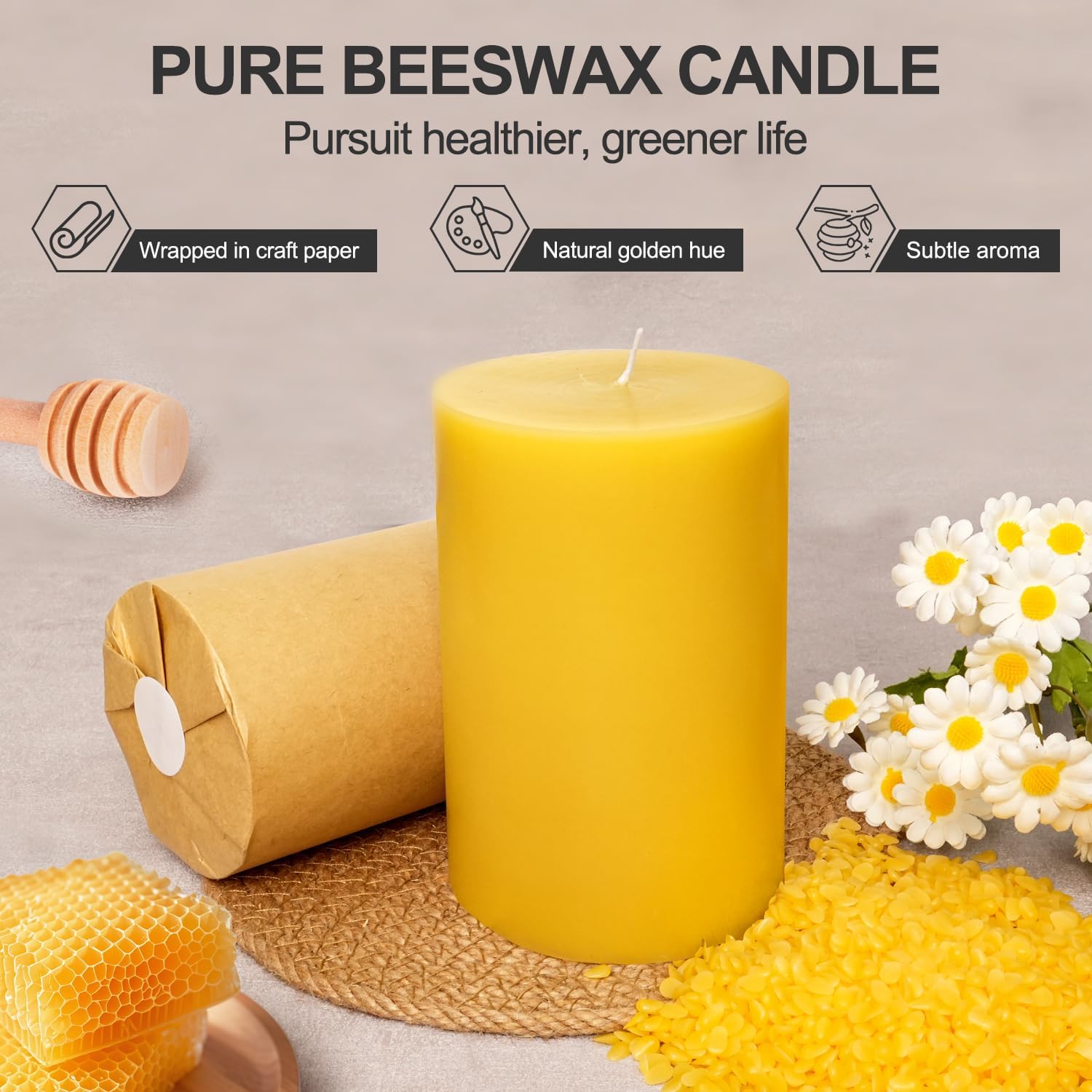 Beeswax Pillar Candles, 2 Pack Natural Pure Bees Wax Candles for Home, Mothers Day Gifts, 180 Hours Long Burning Emergency Candle, Large 3"x5" Unscented Candles for Wedding Christmas Valentines Day