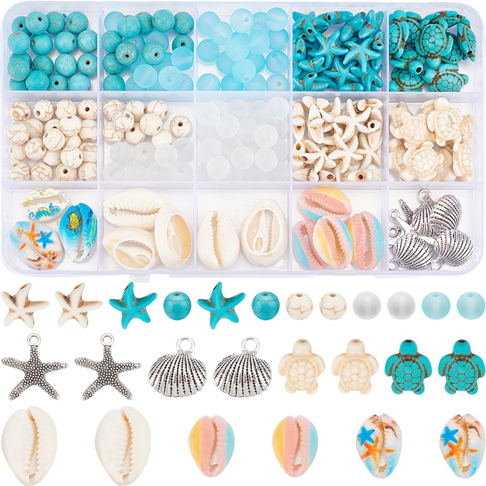SUNNYCLUE 1 Box 210Pcs Starfish Turtle Lucky Turquoise Beads Bulk Summer Ocean Sea Animal Charms Shell Seashell for Jewelry Making Beading Kits Women DIY Craft Supplies