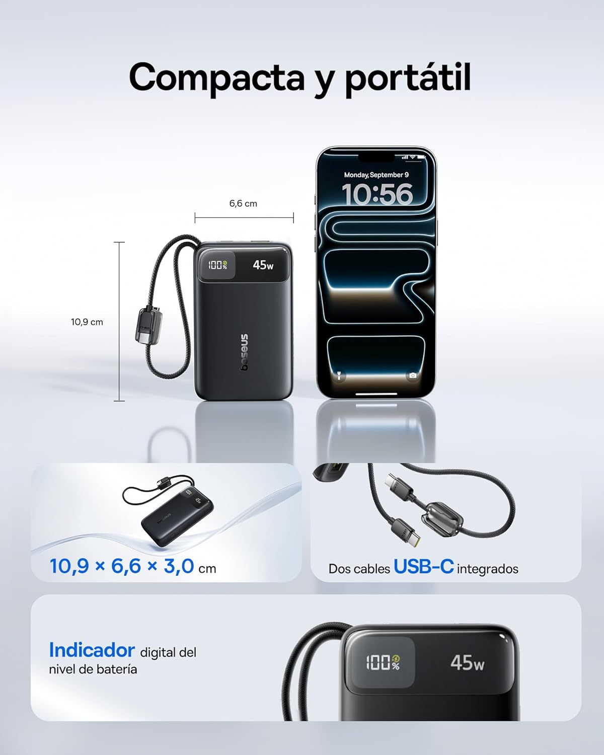 Baseus FC11 Powerbank 45W 20000mAh con 2 Cables USB-C Integrados, Batería Externa Carga Rápida con Certificación CCC, Mini Power Bank para iPhone 17/16/15/14 Pro MAX, iPad, Samsung, Negro 5