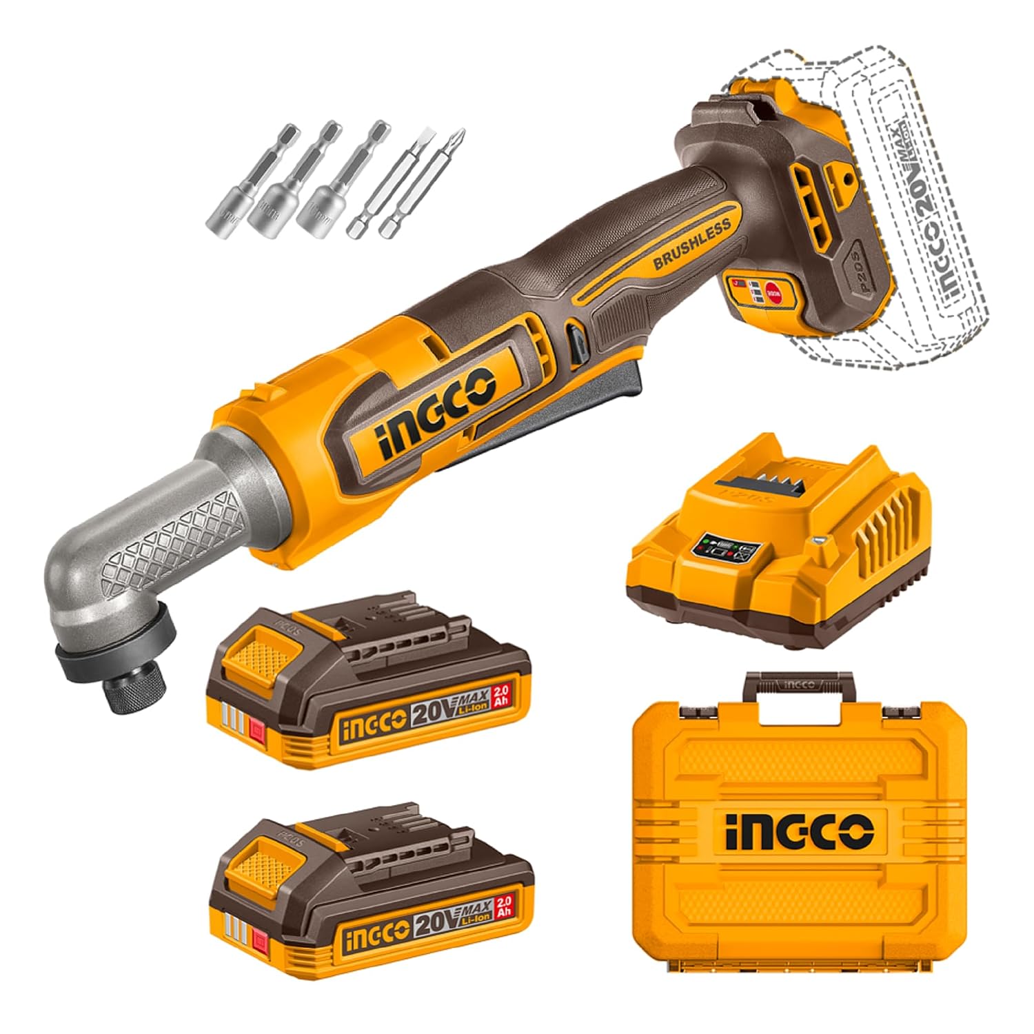 INGCO 20V Cordless Angle Impact Driver, Brushless Motor, 2200rpm, With ...