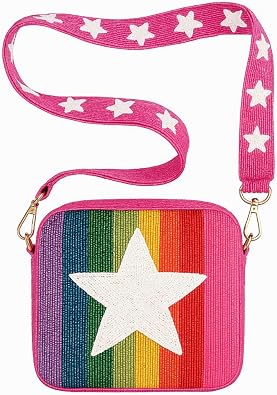 Handmade Beaded Crossbody Handbag - Stylish Purse for Preppy, College & Sorority Girls - Game Day Bag - Seed Bead Box Bag Colorful Star