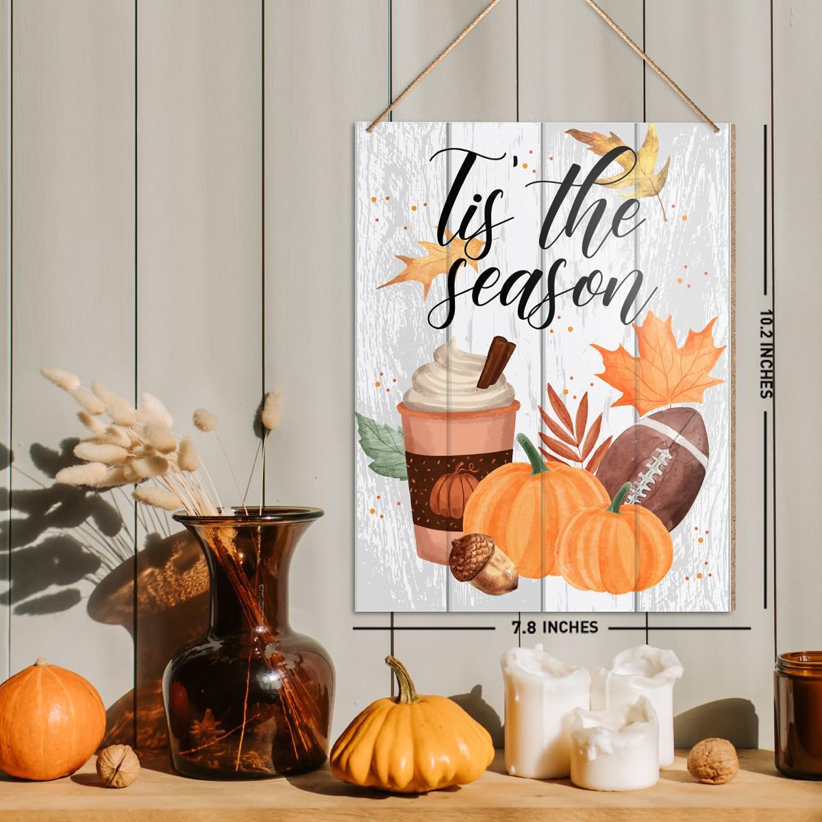 UDNADKEX Fall Decorations Hanging Sign, Autumn Fall Decor Rustic Pumpkin Spice Football Wooden Wall Sign Thanksgiving Decorations, Tis The Season