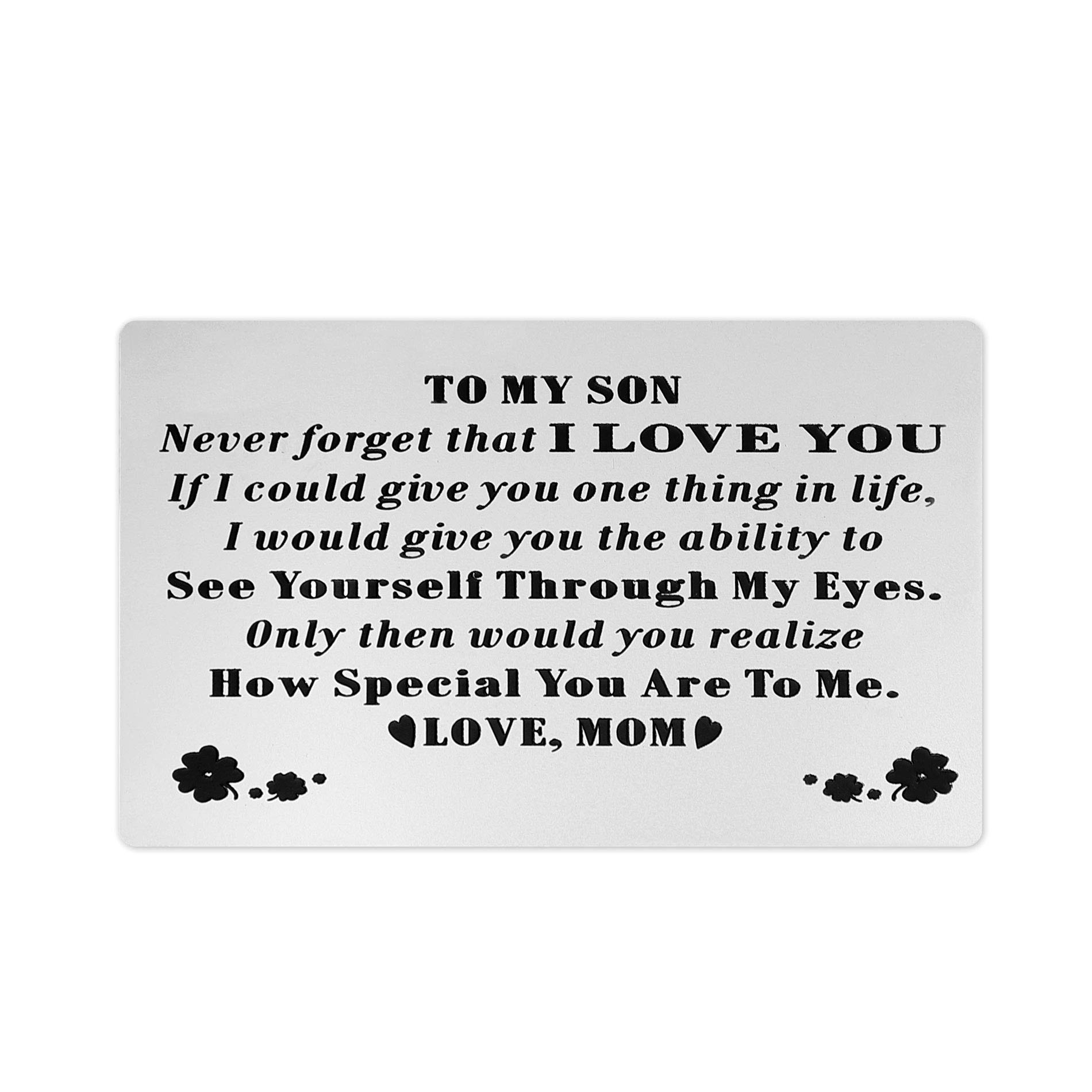 FeiYen Personalized Engraved Message Wallet Card Inserts Customized for Son from Mom Mother - I Love You - Graduation Birthday Christmas Deployment - Best Custom Metal Cards for Him
