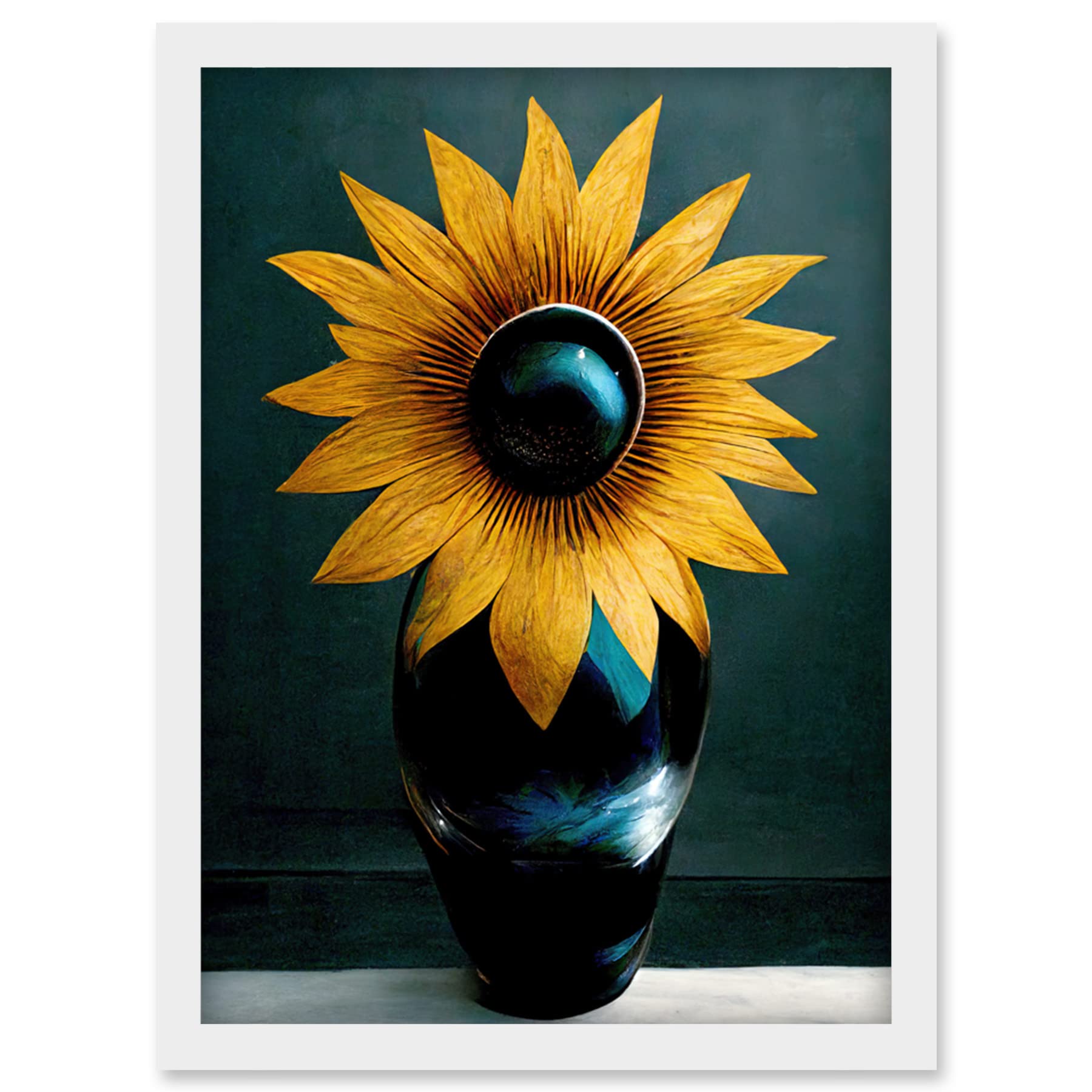 Doppelganger33 LTD Modern Bright Single Yellow Black Sunflower In Vase Artwork Framed Wall Art Print A4