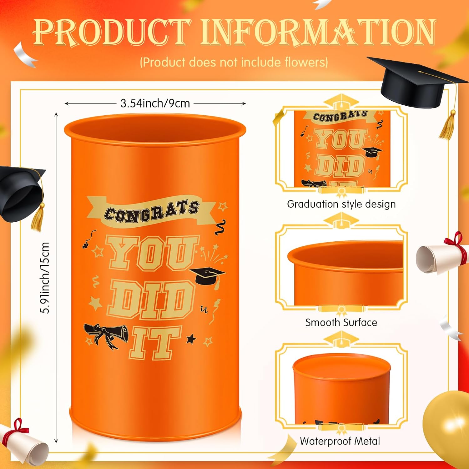 Domensi 6 Pcs 2026 Graduation Table Centerpiece Vase Decorations Class of 2026 Galvanized Metal Tin Vases for Artificial Flowers Grad Caps Cutlery Utensil Holder for Party Supplies Gifts(Orange)