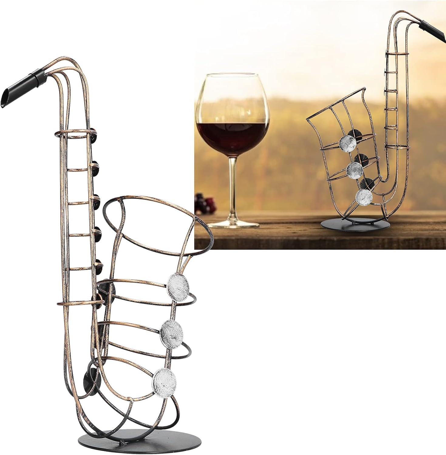 Tabletop Wine Bottle Holder, Saxophone Shaped Wine Rack, Decorative Bottle Holder for Kitchen Living Room Dining Room and Bar, Wrought Iron