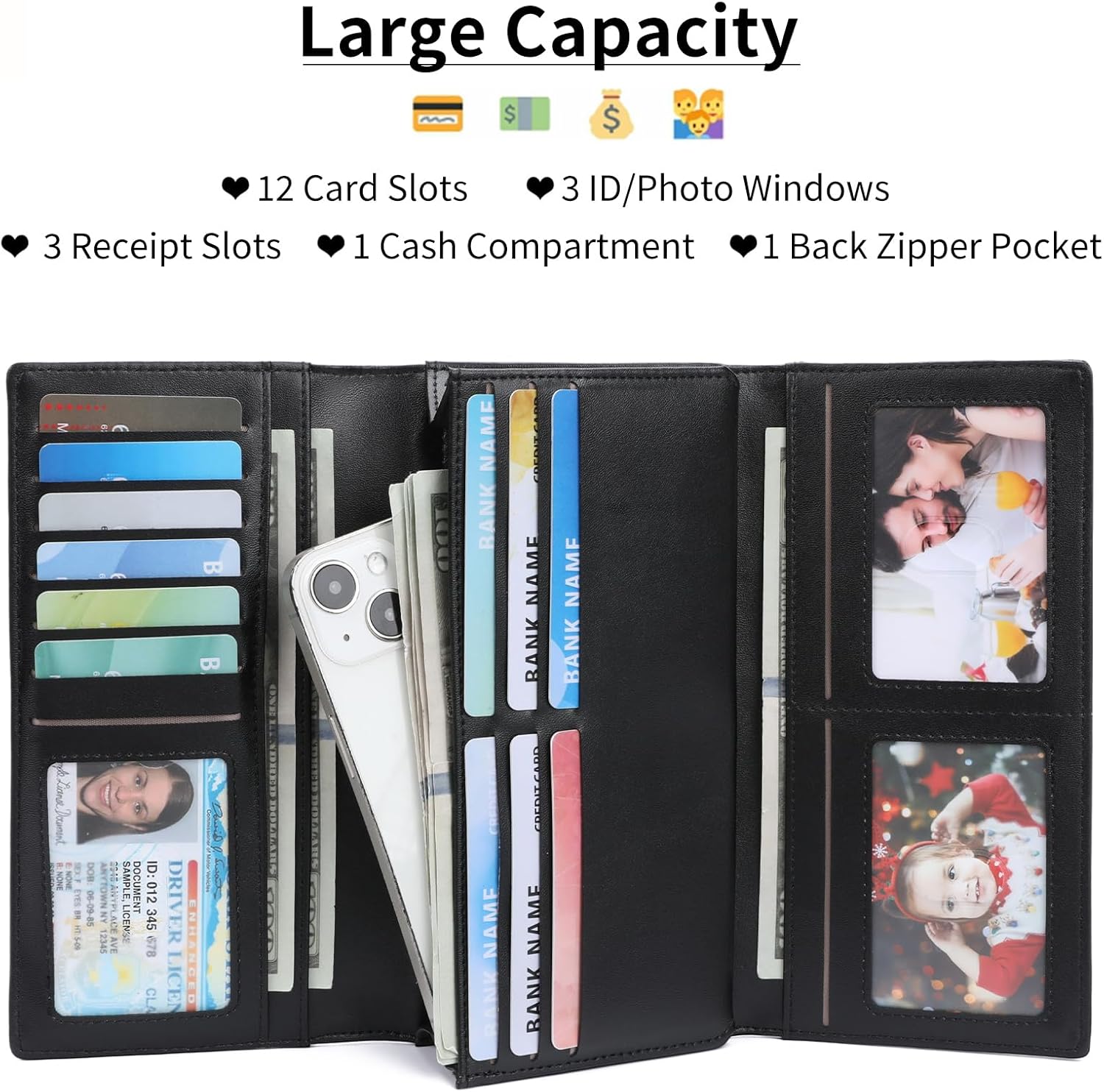 GOIACII Women's Wallet RFID Blocking Large Capacity Card Holder Ladies Phone Clutch Travel Long Purse Skull Goth