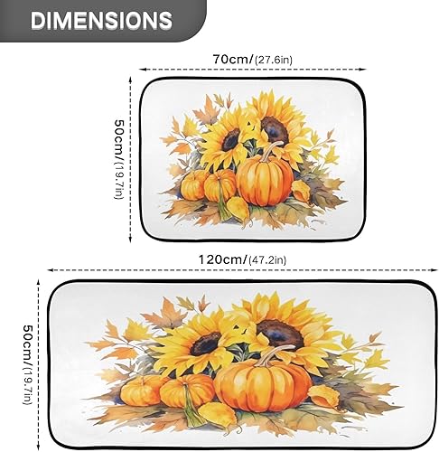 Miniatura 3 de Juego de 2 alfombras de cocina de otoño con diseño de girasoles de calabaza, girasoles, alfombra de corredor, lavable, antideslizante, lavable,