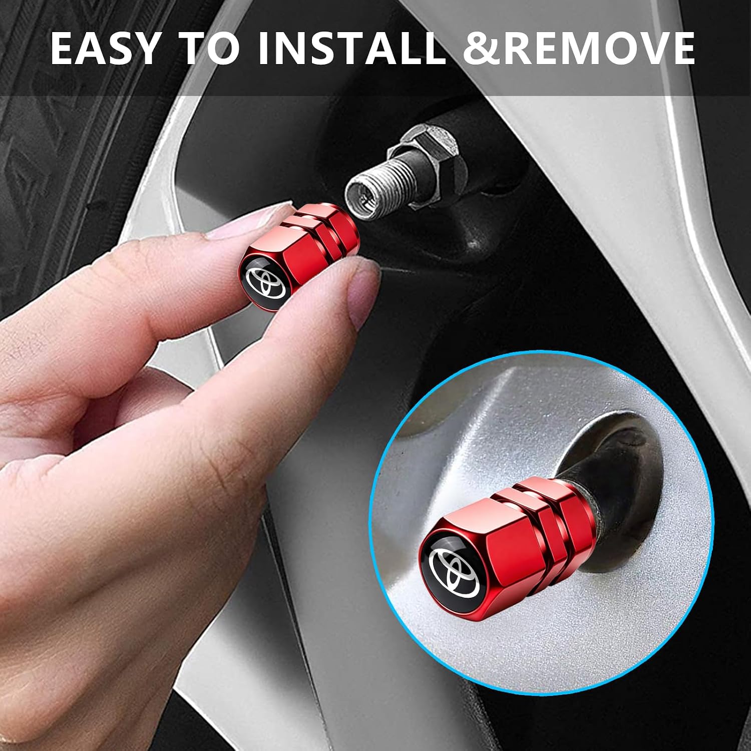 Tire Valve Stem Caps Compatible with Toyota Tire Valve Stem Cover Air Cap Belt O-Ring Metal Valve Stem Caps Decoration Accessories 4 Pcs Red