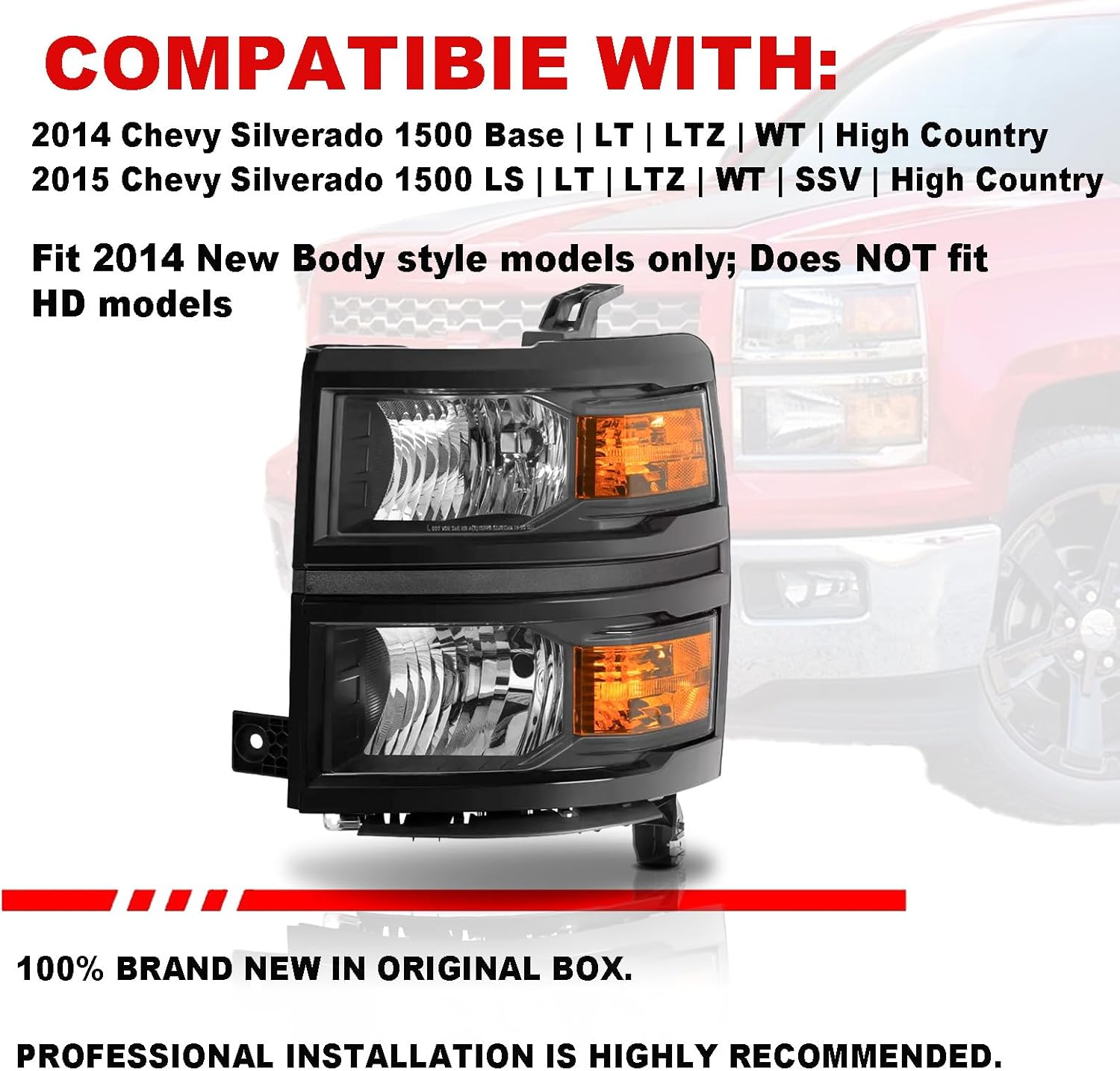 headlight assembly compatible with 2014 2015 chevy silverado 1500 replacement headlamp black housing amber corner 14-15 silverado black amber