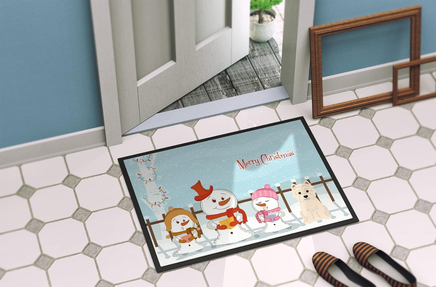 Caroline's Treasures BB2373MAT Merry Christmas Carolers Westie Doormat 18x27 Front Door Mat Indoor Outdoor Rugs for Entryway, Non Slip Washable Low Pile, 18H X 27W