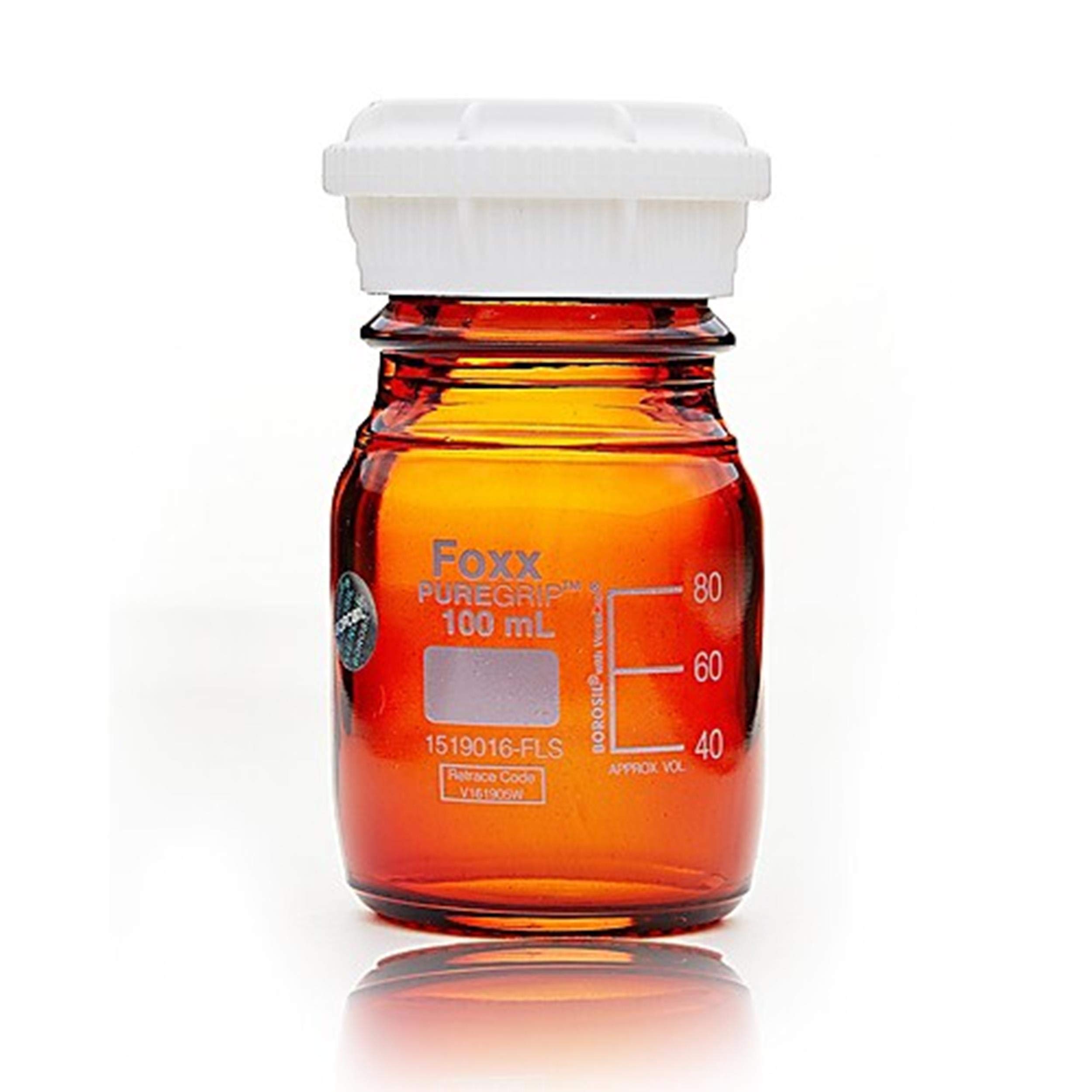 Foxx Life Sciences 1519016-FLS PUREGRIP Borosilicate Glass 3.3 Reagent Bottle with GL45 Screw Cap and Pouring Ring, Graduated, Amber, 100 ml Capacity (Pack of 10)