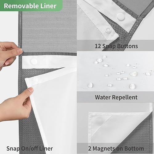 Miniatura 6 de Juego de cortina de ducha sin gancho con forro de tela a presión, cortinas de ducha grises para baño con ventana superior transparente, repelente al