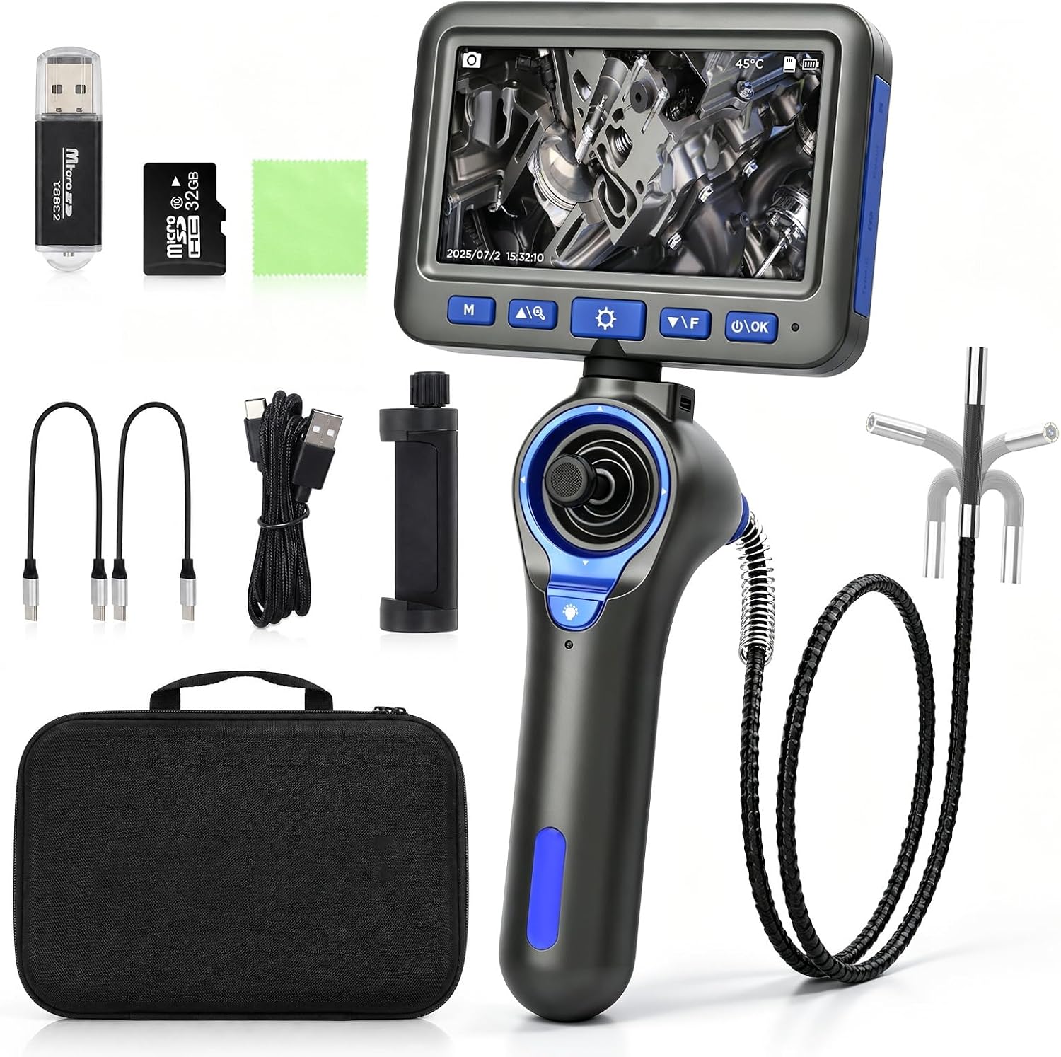 360° 4-Way Articulating Borescope, 5" IPS 1080P Inspection Camera | 6.25mm Probe, 2600mAh Battery, IP67 Waterproof, for Auto & Industrial Repair. 360° 4-Way Articulating, Easy Control