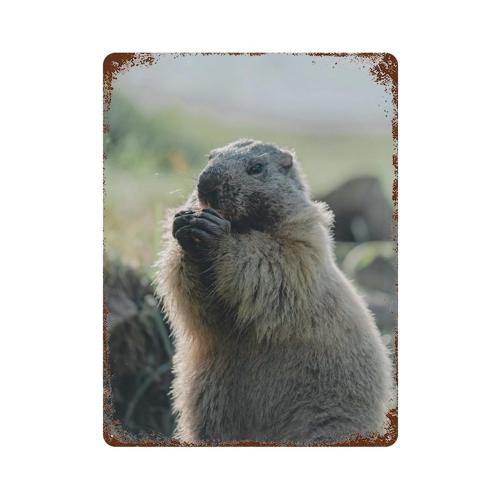 Marmot Eating 15.7"x11.8" Weathered Tin Sign, Rustic Home Decor for Living Room, Hallway And Home Decor