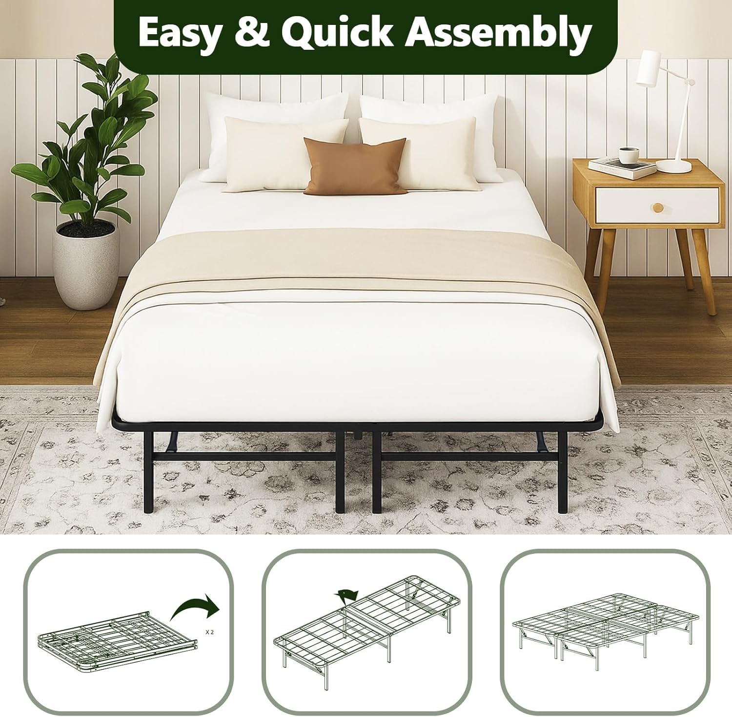 Foldable Full Size Bed Frame，Metal Platform with 14" Underbed Storage, Heavy Duty，Noise Free,Easy Foldable Assembly, No Box Spring Needed,Black