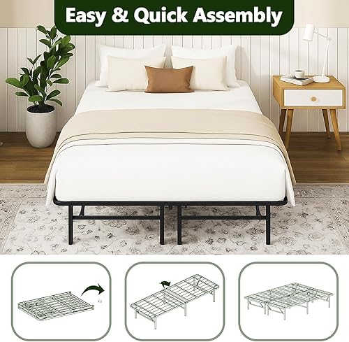 Miniatura 4 de Base de cama plegable tamaño Queen, plataforma de metal resistente con almacenamiento de 14 pulgadas, fácil montaje, no necesita somier, listo para