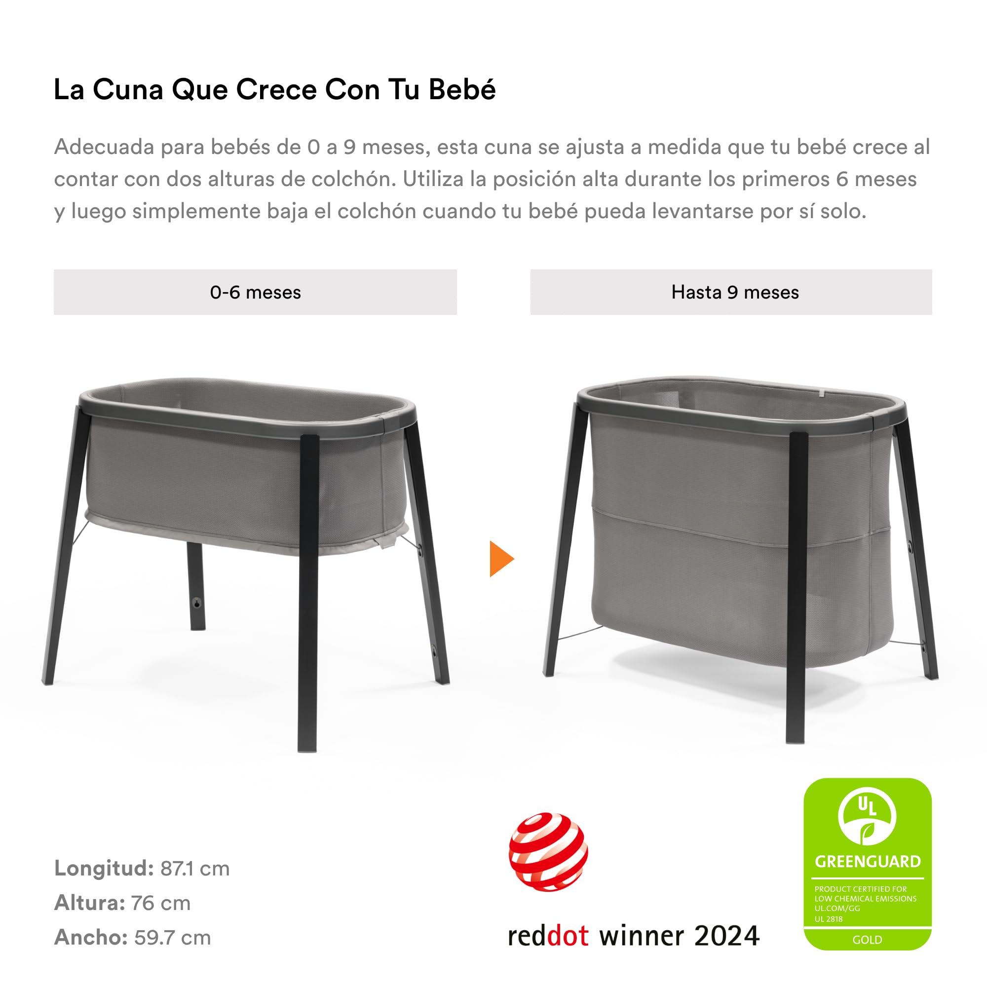 Stokke Minicuna Snoozi, Graphite Grey - Crece con los bebés Desde el Nacimiento hasta los 9 Meses - Diseño portátil y liviano - Incluye colchón Firme