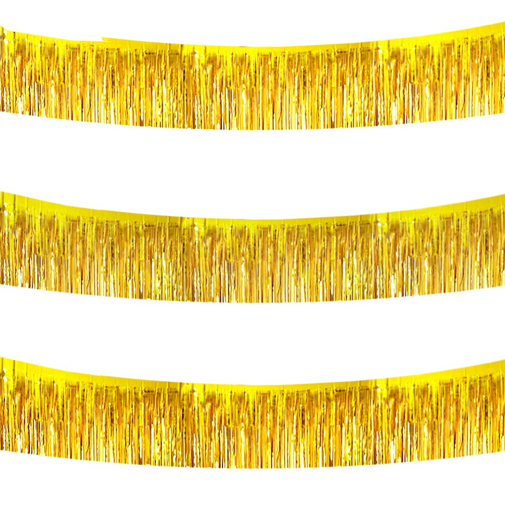 BEISHIDA 3 Packs 30 Feet Metallic Foil Fringe Garland Tinsel Streamers，Shiny Gold Wall Hanging Tinsel Fringe Banners for Wedding Birthday Party Decoration Halloween Christmas New Year