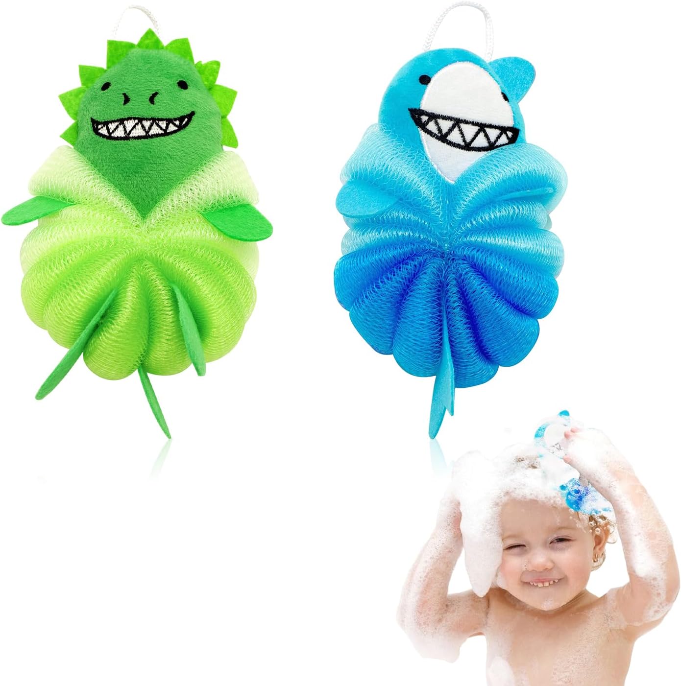 2 Pack Kids Bath Sponges with Cute Animal Designs, Soft Loofah Pouf for Gentle Exfoliation, Fun Shower Scrubber for Toddlers and Children, Body Wash Sponge for Boys and Girls