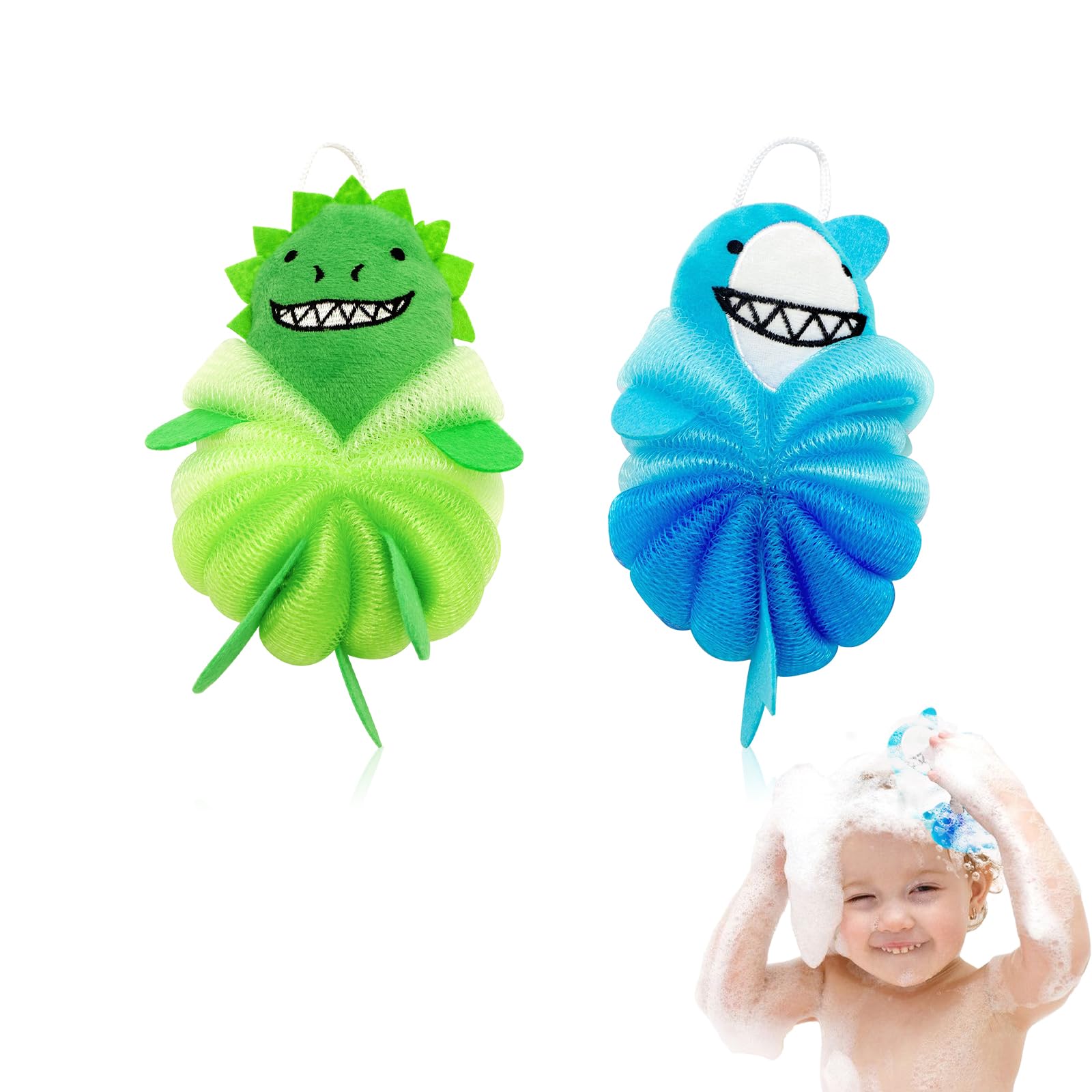 Kids Bath Sponge & Loofah for Kids - 2 Pack Net-Style Mesh with Dinosaur & Shark, Gentle Baby Sponge for Bathing & Toddler Loofah, Soft Exfoliating