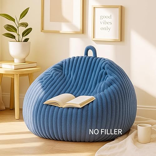 Honeydak Ribbed Rabbit Fur Stuffed Animal Storage Bean Bag Chair Cover (No Filler) Comfy Bean Bag Cover Without Filling or Home Bedroom Decor Organizing Plush Doll Textile Holder(Dark Blue,L)