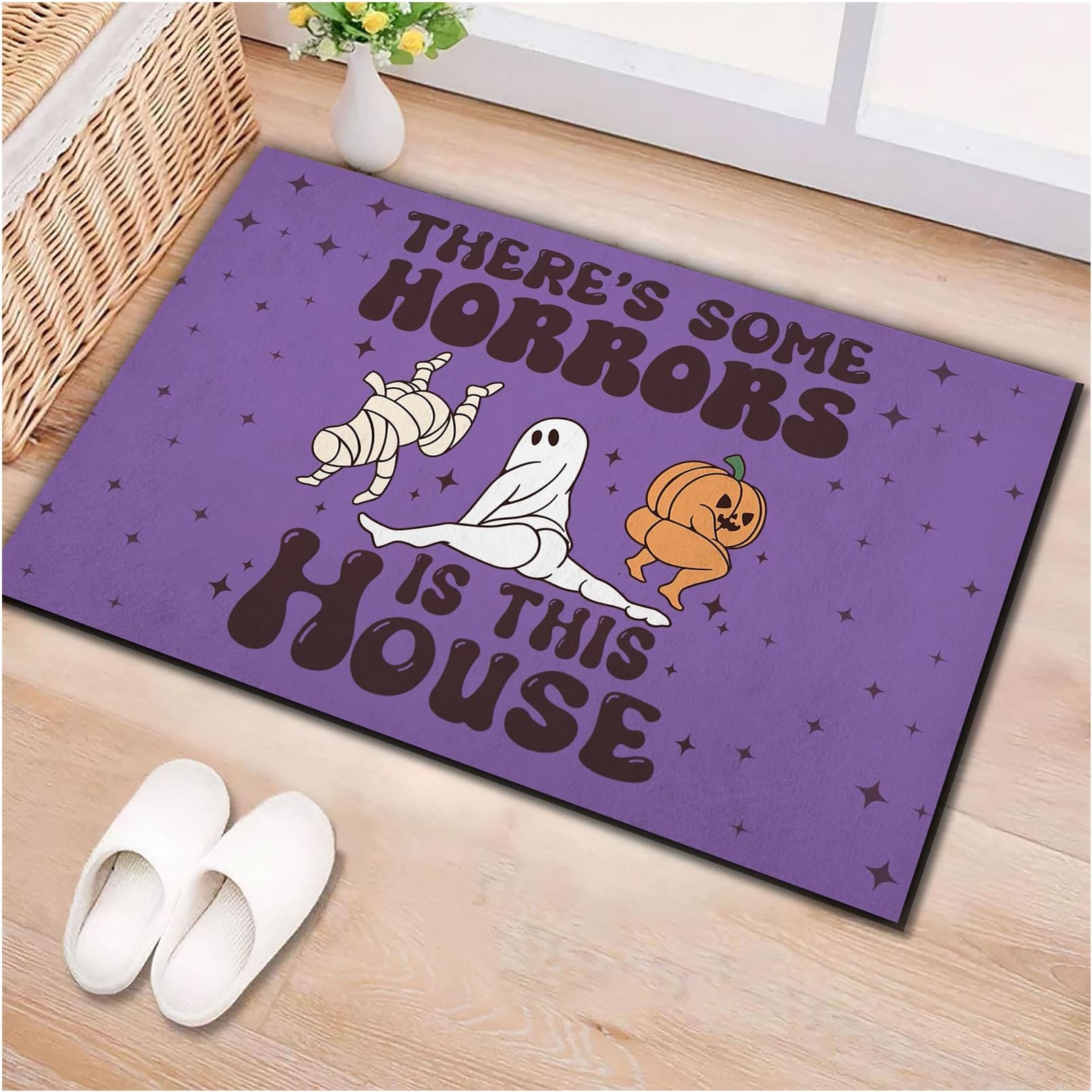 TUTAVIAW Funny Halloween Doormat Front Door Mat, There's Some Horrors in This House Doormat Welcome Mat for Home Halloween Indoor Outdoor (Purple)