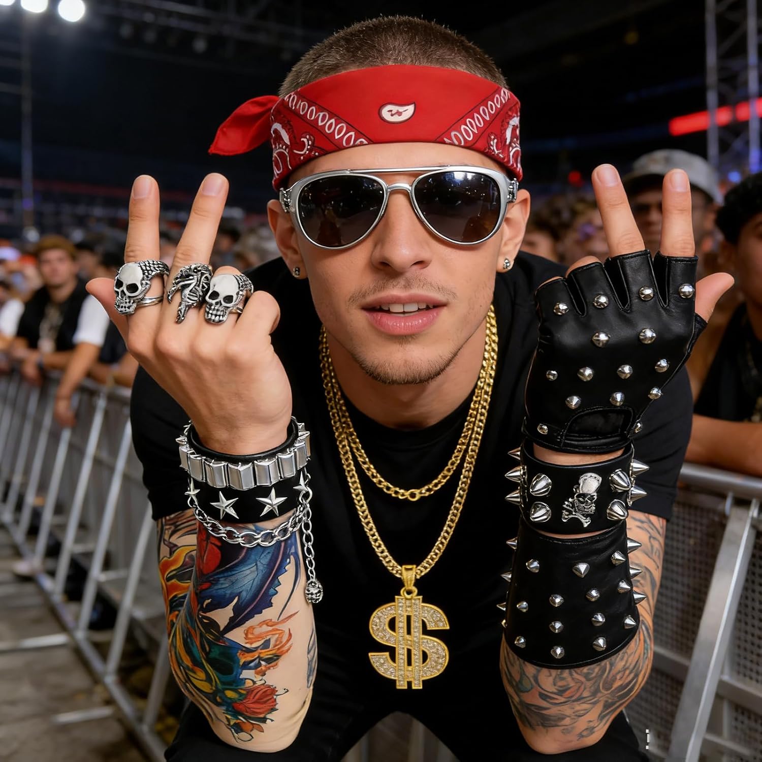 80s Outfit for Men, Rock Star Outfit Men with Dollar Sign Gold Chain, Bandana, Tattoo Sleeves, 80s Rocker Outfit for Men, Hip Hop Punk Costumes for Men, 80s Accessories for Men, 11PCS