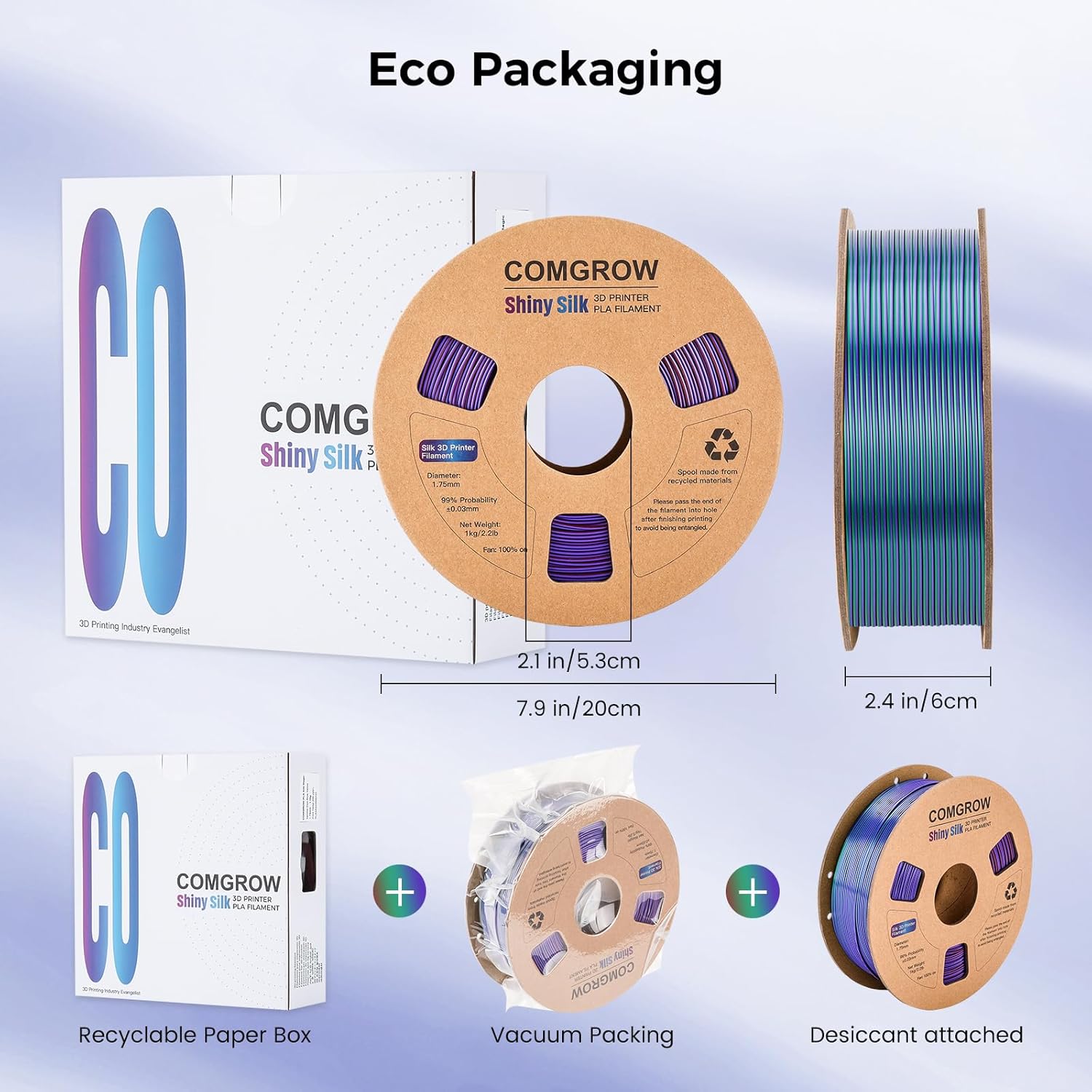 Comgrow Tri-Colors Silk PLA 3D Printer Filament, Rainbow PLA Filament 1.75mm, 1KG Spool, Coextrusion 3D Filament with Shiny Silk Golden-Green-Black and Copper-Green-Purple