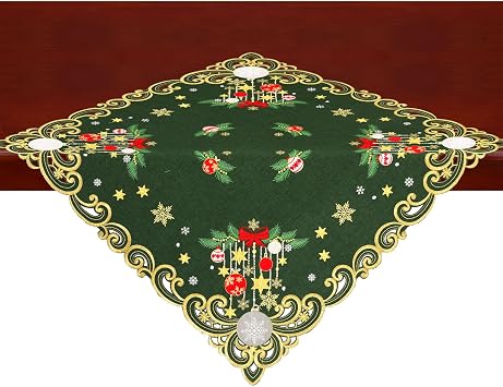 Embroidered Small Christmas Square Tablecloth, Toppers Christmas Green