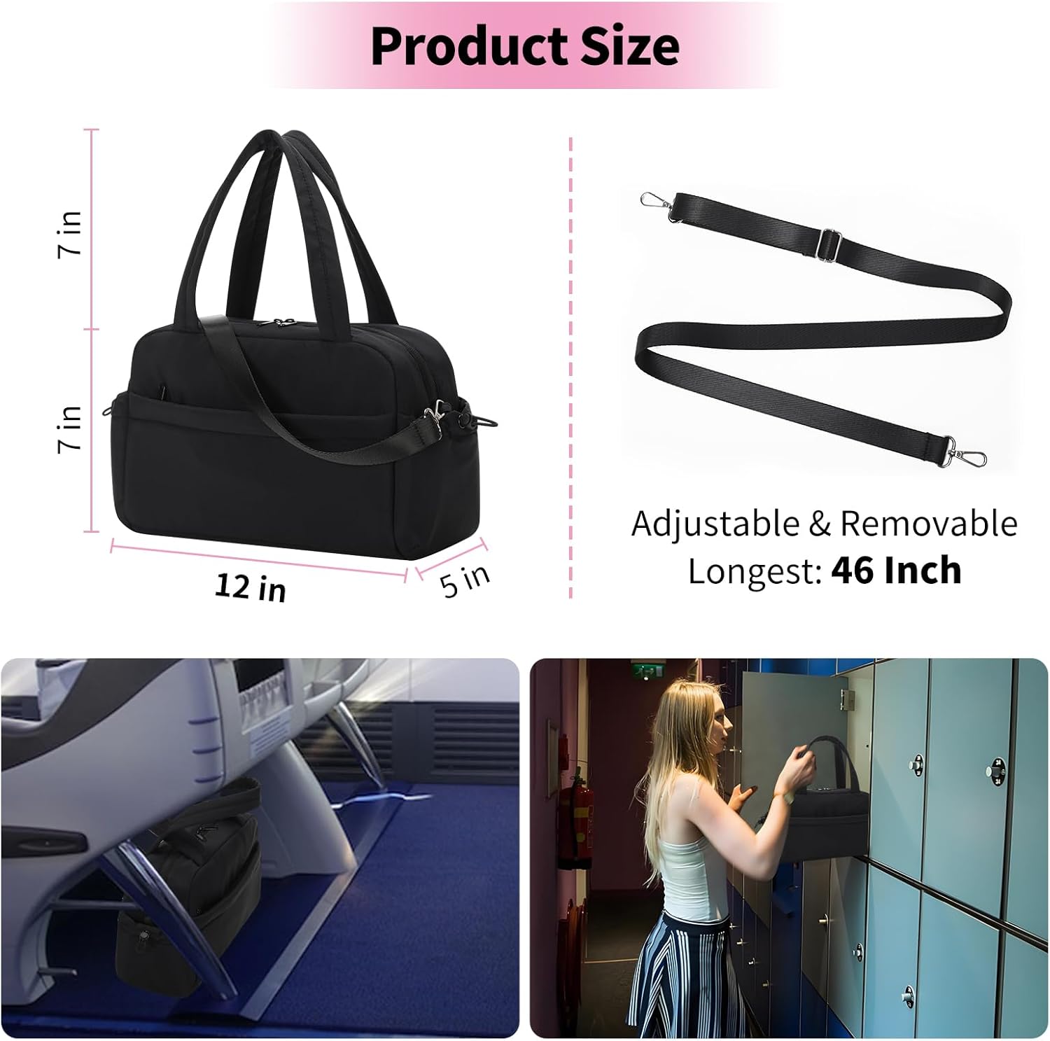 Small Gym Bag for Women - 12inch Mini Tote Bag with Wet Pocket Lightweight Carry On bags for Travel Sport - Black - Image 2