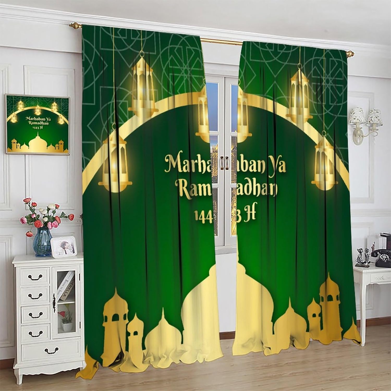 Ramadan Blackout Window Curtain Ramadan Kareem Eid Mubarak Ramadan Style Print for Kids Boy Girl Baby Bedroom Nursery Living Room Decor Drapes 2 Panels 42x45 Inch