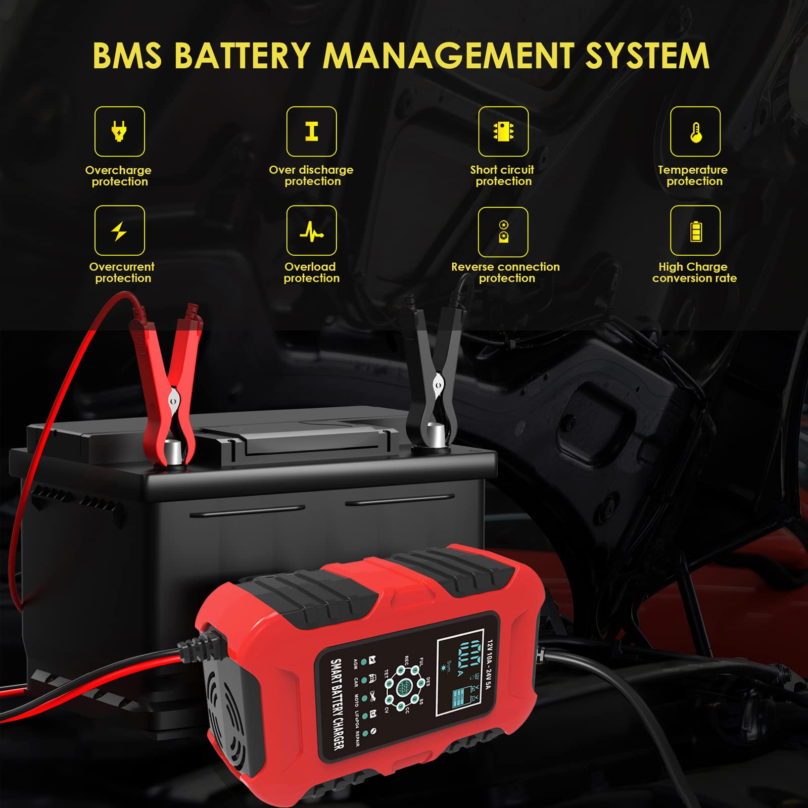Foxwer Battery Trickle Charger 12V & 24V,10-Amp Multifunctional Battery Charger Wet/GEL/SLA/LiFePO4/Lead-Acid/AGM Batteries,7-Stage Quick Charger Truck Motorcycle Car ATV Lawn mower RV Tractor, Red