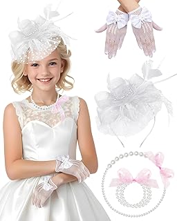 Girls Tea Party Fascinators Hats Lace Gloves Pearl Necklace Set for Wedding 1920s Tea Party Accessories (Blush Pink)