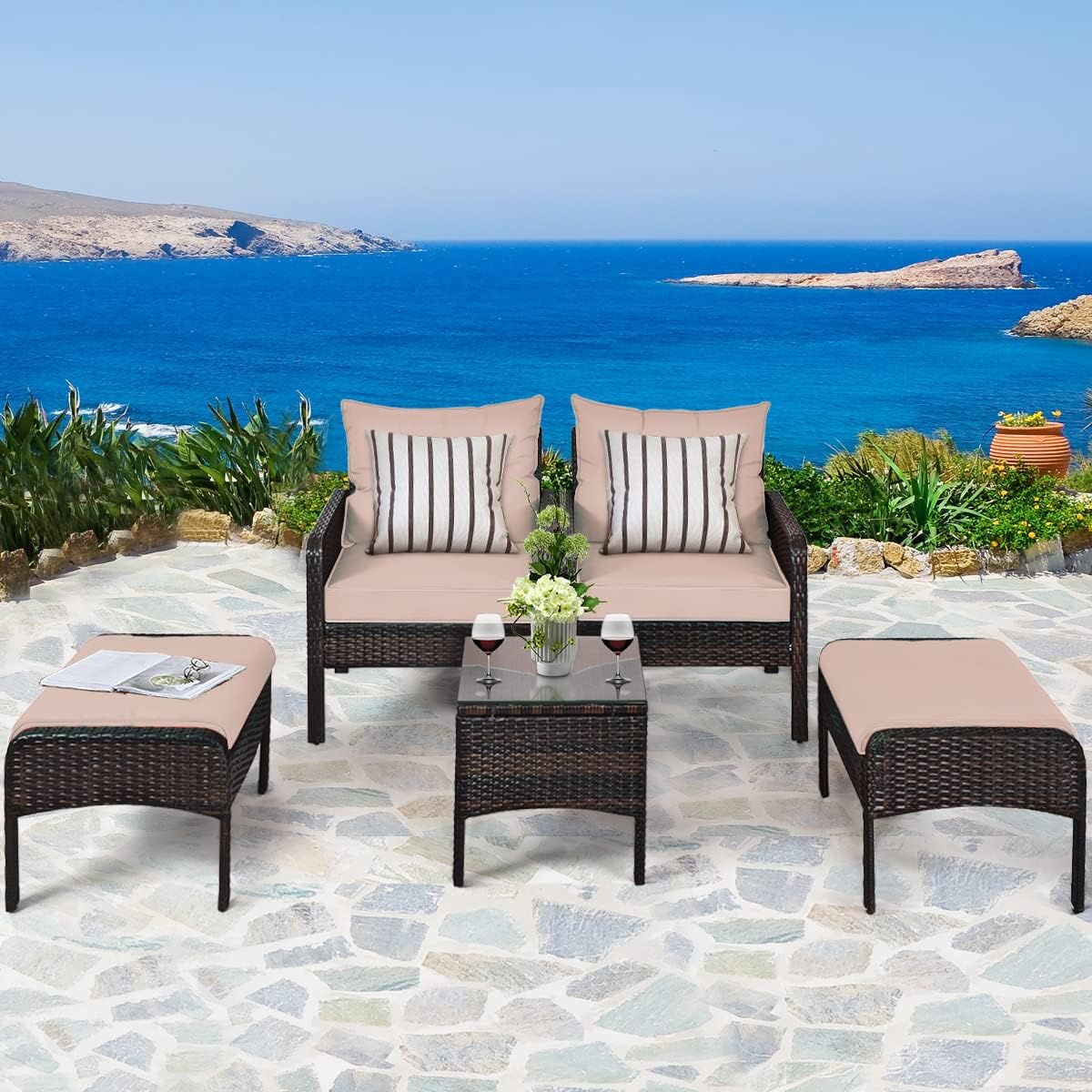 5 Pieces Patio Furniture Set, Rattan Wicker Lounge Chair Outdoor Conversation Set with 2 Ottomans & Tempered Glass Top Coffee Table, Sectional Set for Garden, Porch, Poolside(Brown)