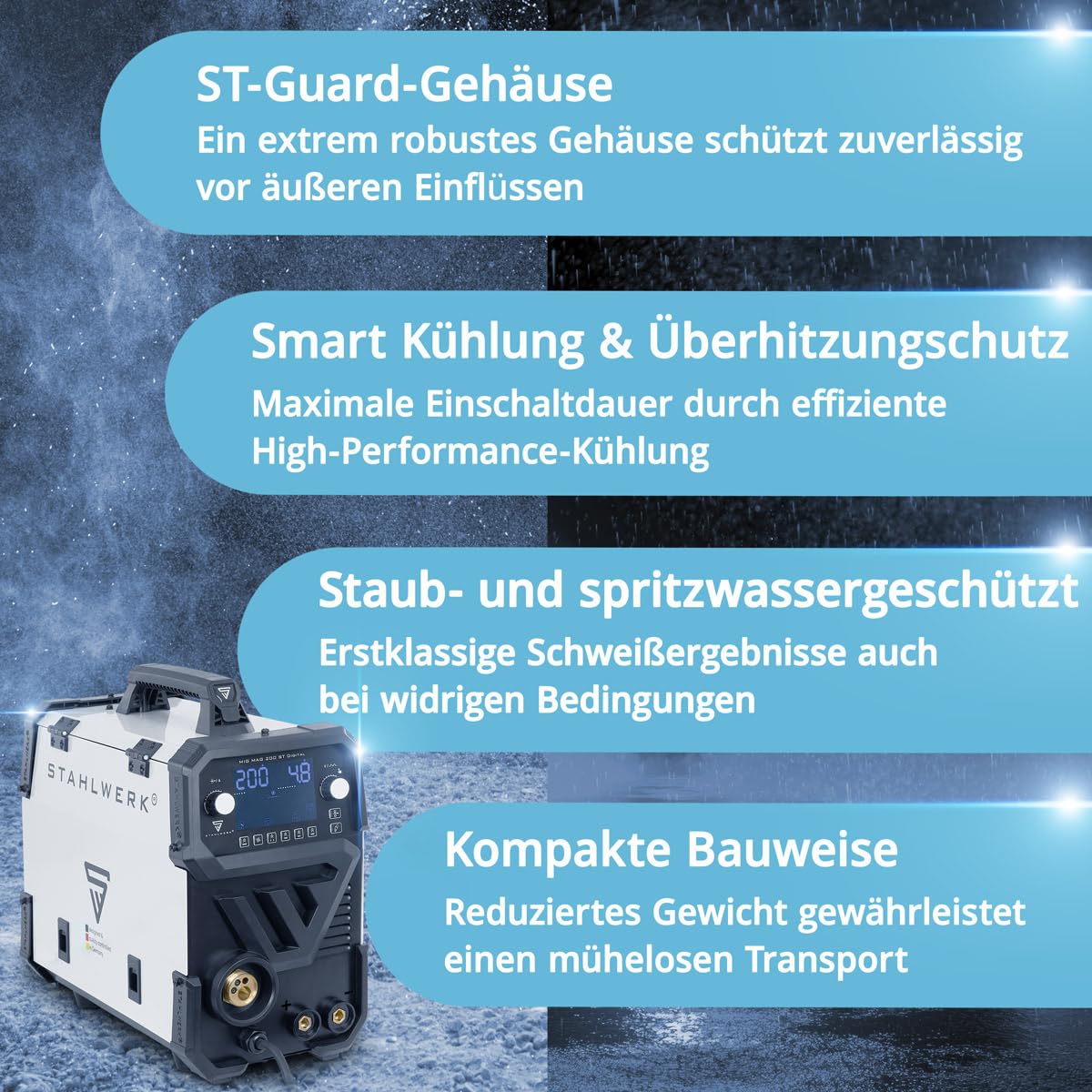 STAHLWERK Schutzgasschweißgerät MIG/MAG 200 ST Digital – Vollausstattung – Inverter mit 200A, MMA (E-Hand/ARC) FLUX (Fülldraht), Schweißen ohne Gas möglich, Spot-Funktion, synergischer Drahtvorschub