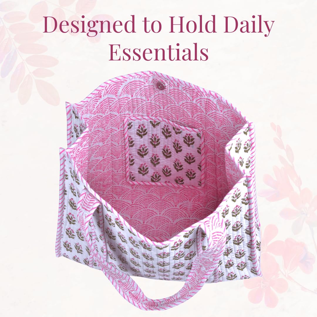 Tragetasche für Damen, Einkaufstasche, groß, gesteppt, Baumwolle, wiederverwendbare Strandtasche, Arbeitstasche für Damen, florale Reisetasche, stilvolle Schultertasche, übergroße gesteppte