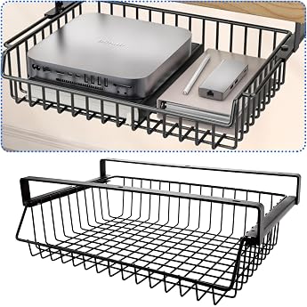 Metal Mesh Hidden Drawer 37 x 25 x 11 cm Large Capacity Organiser Metal Under Table Drawer Box for Office Home School Black