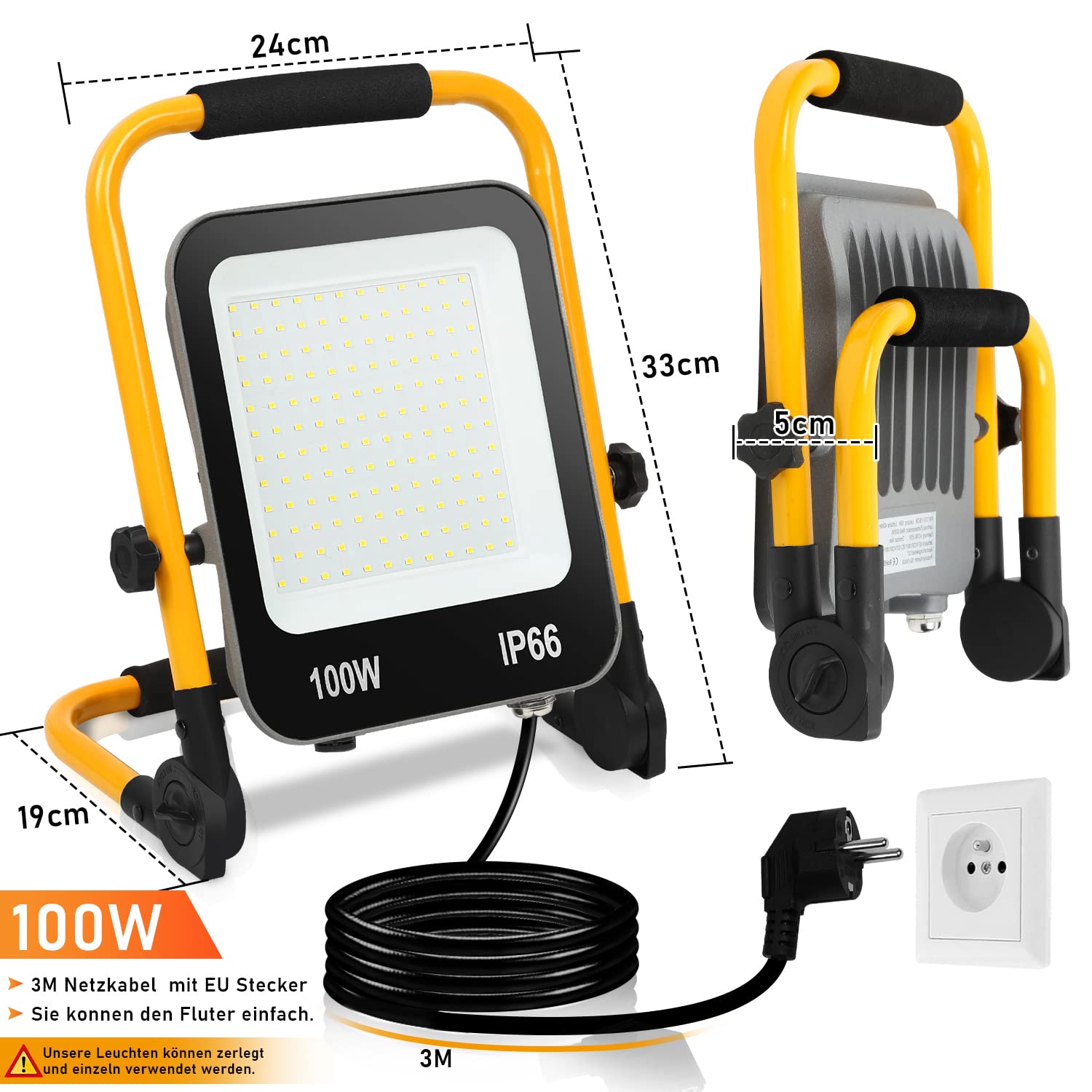 Randaco LED Baustrahler, 4x100W 10000LM Tragbar LED Arbeitsleuchte Baustrahler 6000K Kaltweiß Bauscheinwerfer, IP66 Wasserdicht mit 3M Kabel und Faltbarer Ständer, für Baustelle (mit Stecker)