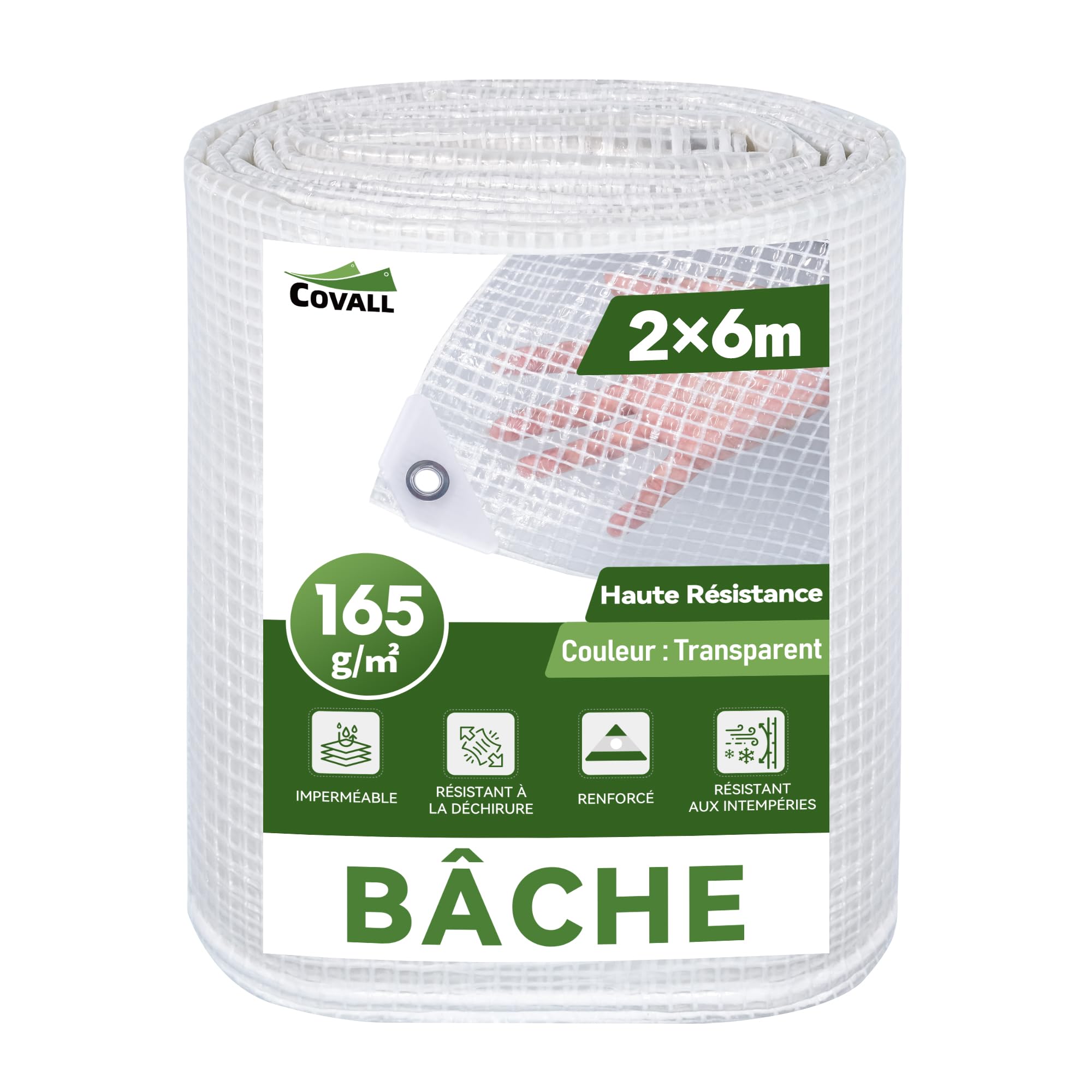 Bâche transparente 2x6m armée 165g/m² haute résistance oeillets