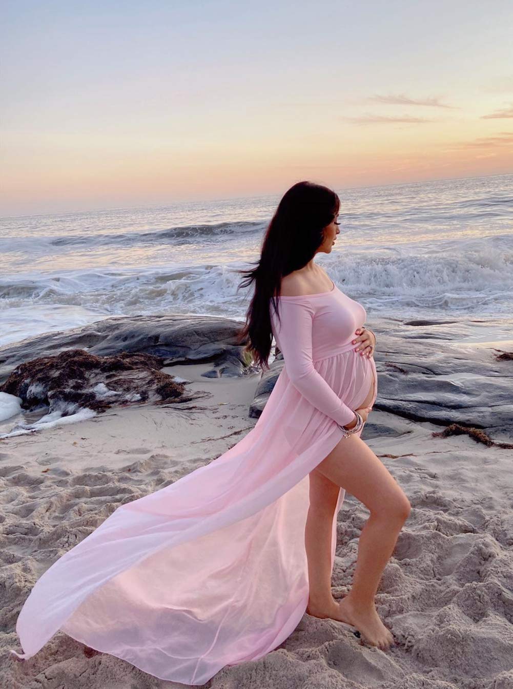 ZIUMUDY Umstands-Maxi-Chiffon-Foto-Kleid mit geteilter Vorderseite für Fotoshootings