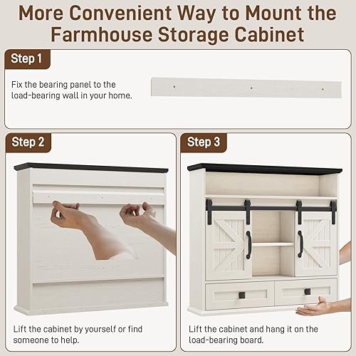 Miniatura 8 de Vabches Armario de pared de baño, botiquín de granja con puerta corredera doble de granero y cajón de almacenamiento, armario de almacenamiento