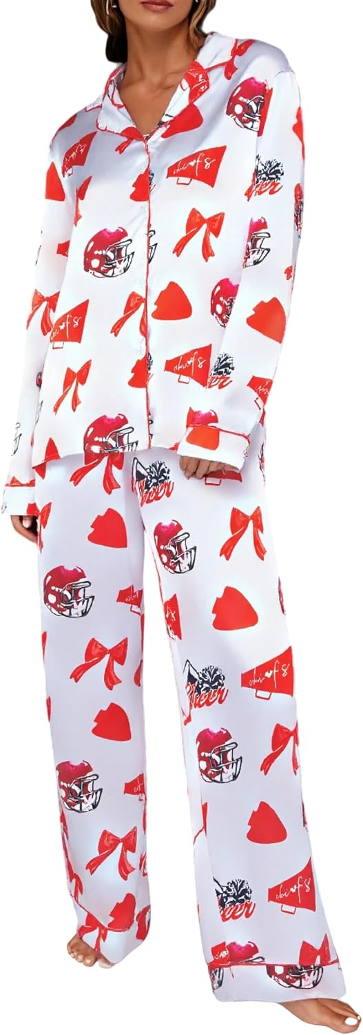 LOTUCY Funny Pajamas Set for Women Bow Game day Sport Ball Royal Crown Button Down Graphic Lounge Sleepwear Set