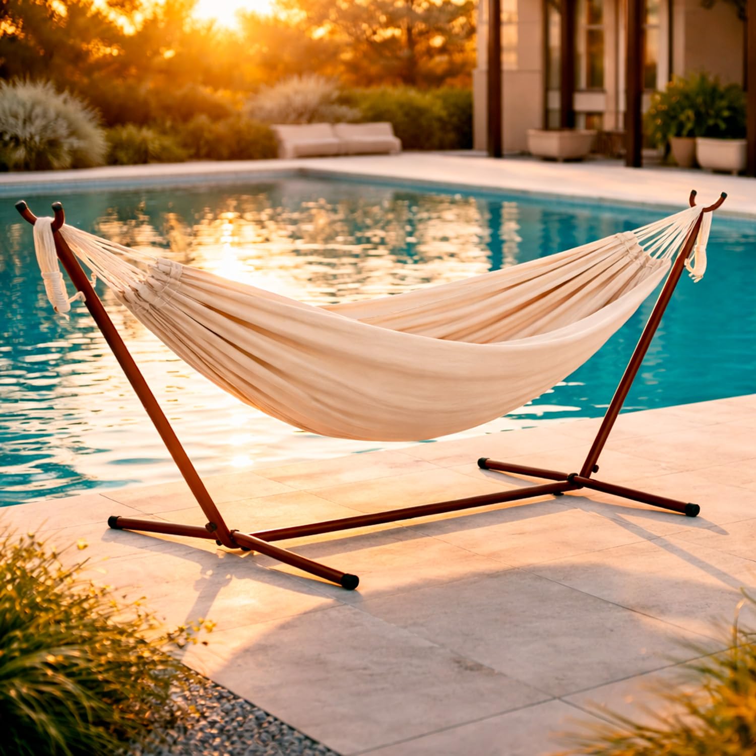 Amaca Da Giardino Con Supporto In Acciaio Portata 200 Kg Altezza Regolabile Telo Cotone Resistente Esterno Terrazzo Piscina Balcone Con Borsa Supporto Marrone 265 x 110 x 100 Cm Beige